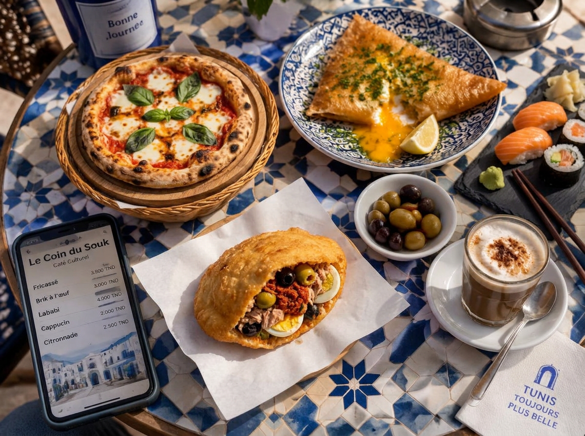 Fricassé, pizza, sushi, brik et café